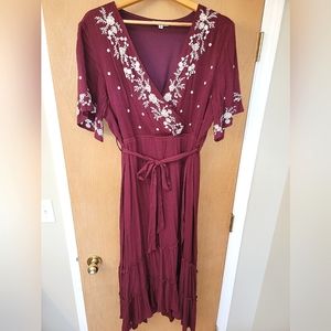 Burgundy/"Mulberry" Macey embroidered midi dress
